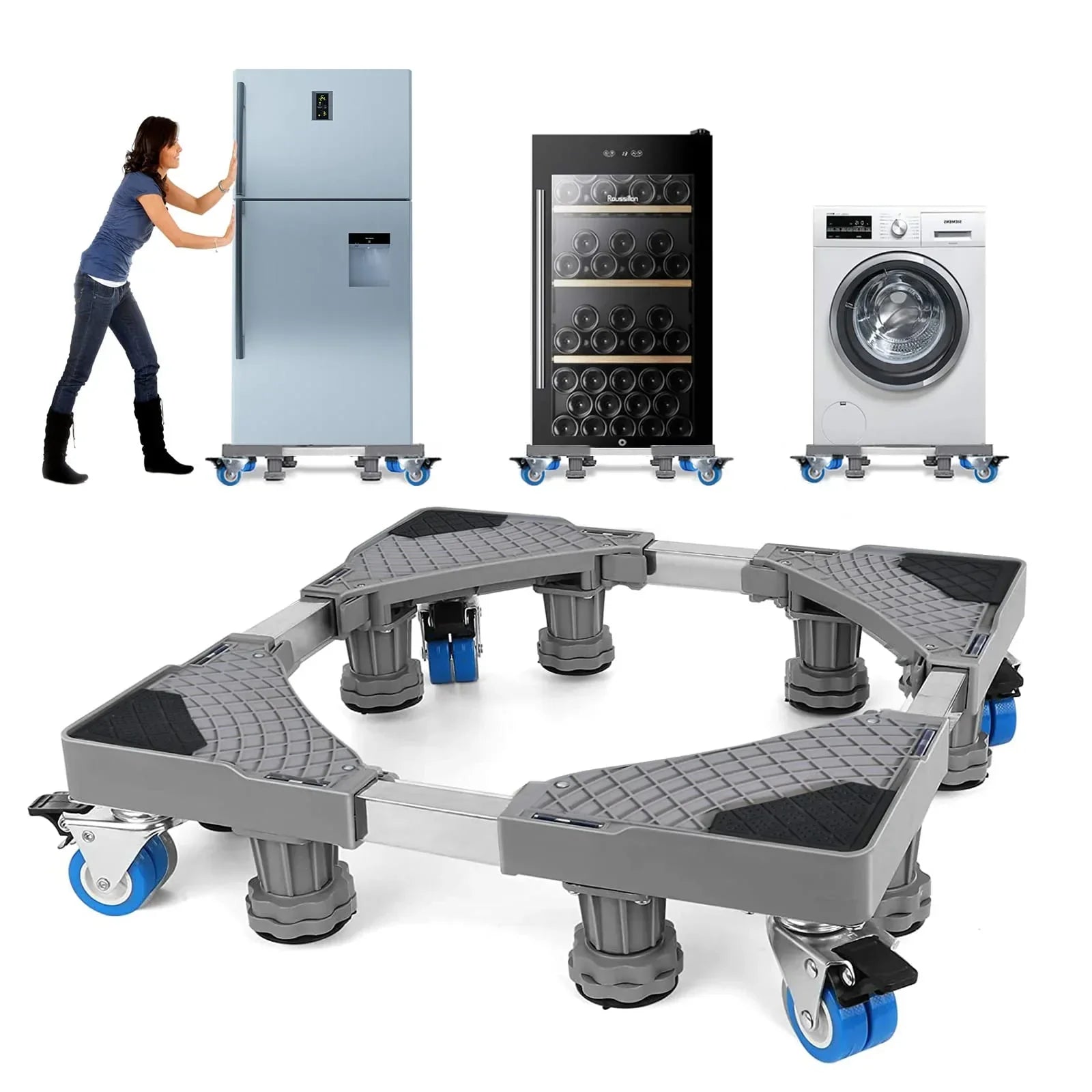 Adjustable Refrigerator / Washing Machine Stand with Wheels